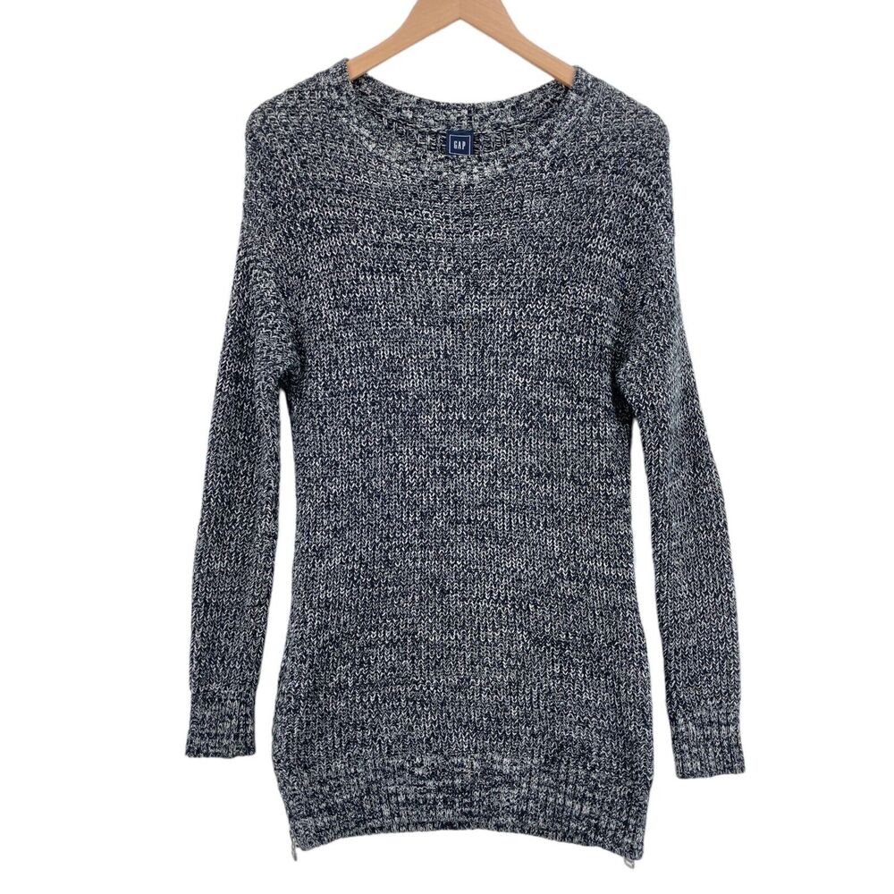Gap Women Long Sweater Pullover Small Black White Round Neck Side Slit Zipper